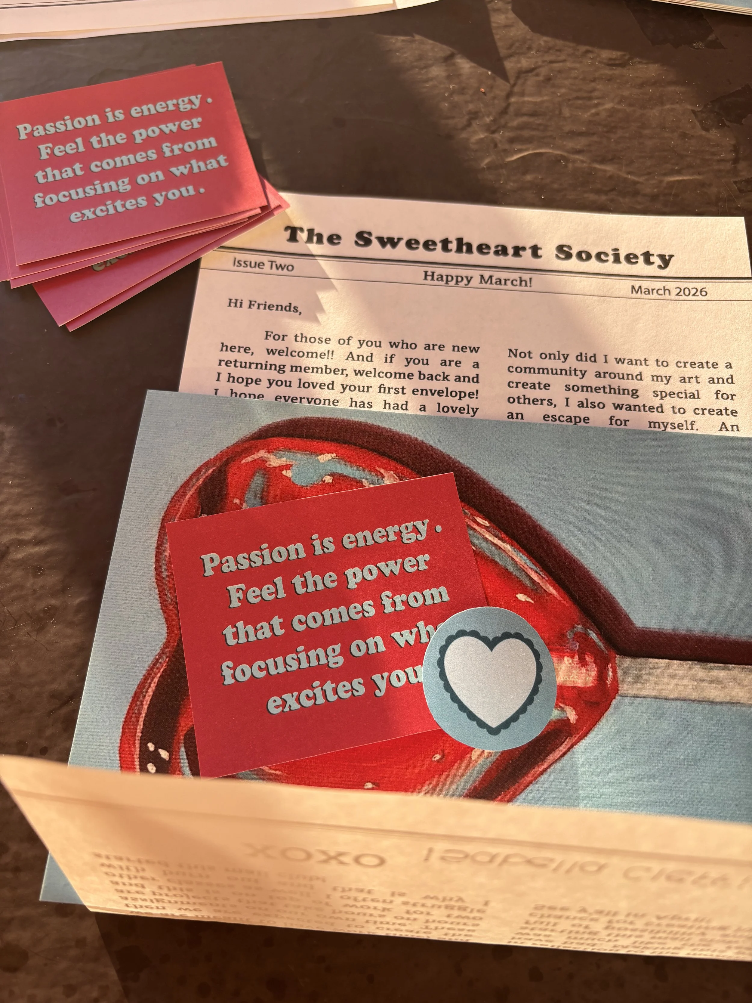 Photo of the items sent out in our March edition of The Sweetheart Society Mail Club