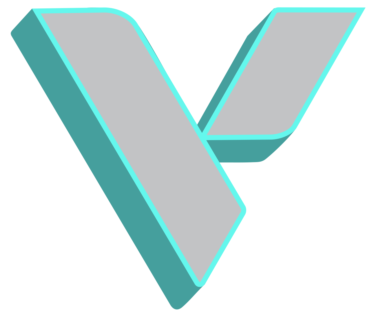 3D metallic letter V in gray with teal edges.