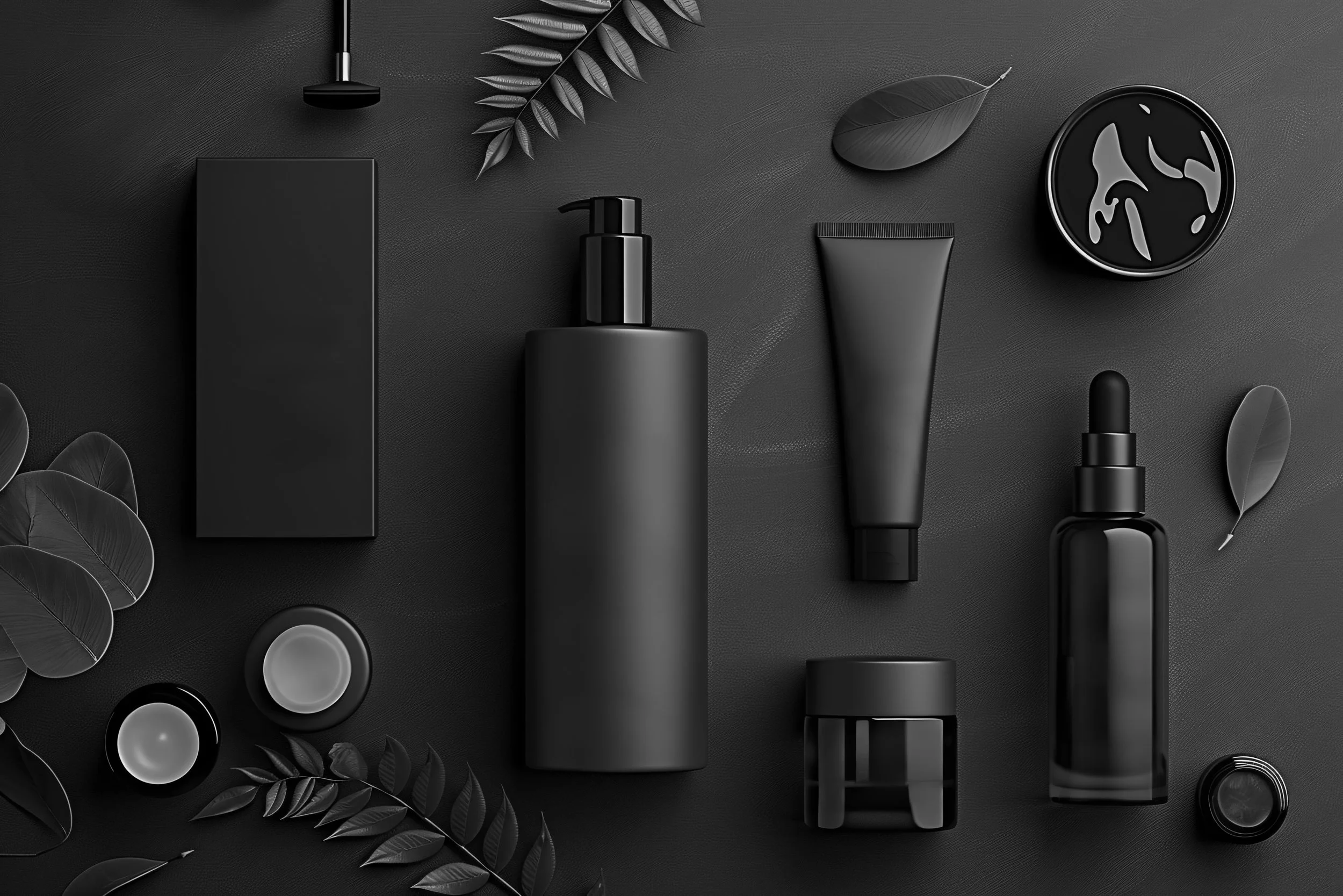 A flat lay of black skincare and cosmetic bottles, jars, and containers with dark leaves, set against a black textured background.