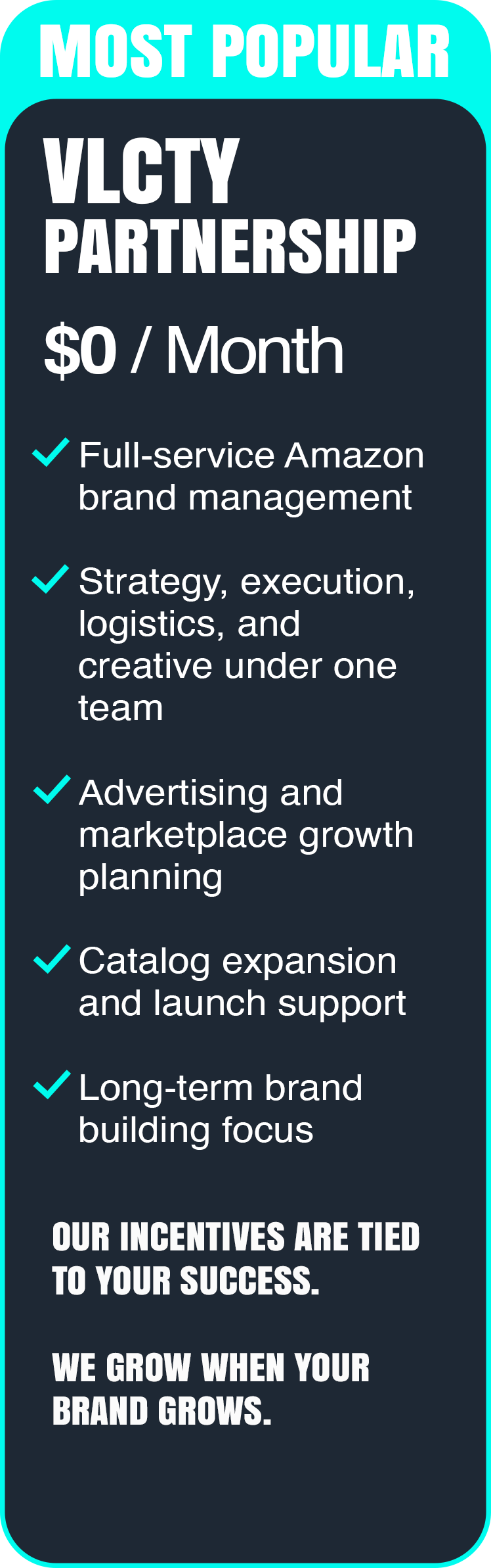 An advertisement for a VLCY partnership offering free Amazon brand management services at $0 per month, highlighting benefits such as strategy, logistics, advertising, catalog expansion, and long-term brand building, with a message emphasizing mutual success and growth.