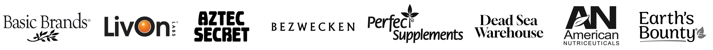 Collection of logos for various health and supplement brands including Basic Brands, Livon Labs, Aztec Secret, Bezwecken, Perfect Supplements, Dead Sea Warehouse, American Nutraceuticals, and Earth's Bounty.
