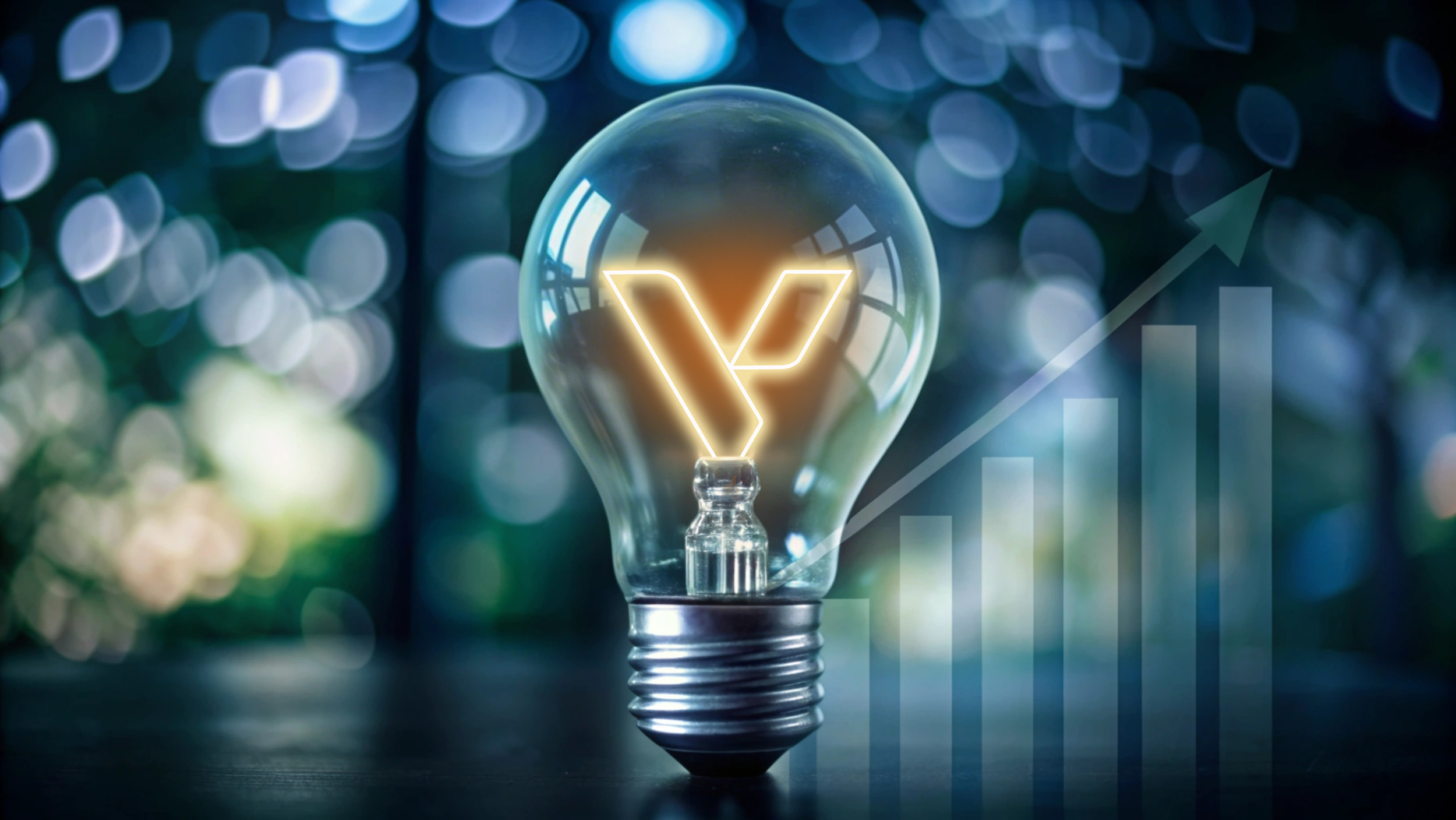 A light bulb with a neon 'Y' symbol inside, set against a blurred background of blue and green bokeh lights, with a graphic of a rising arrow and bar chart overlay.