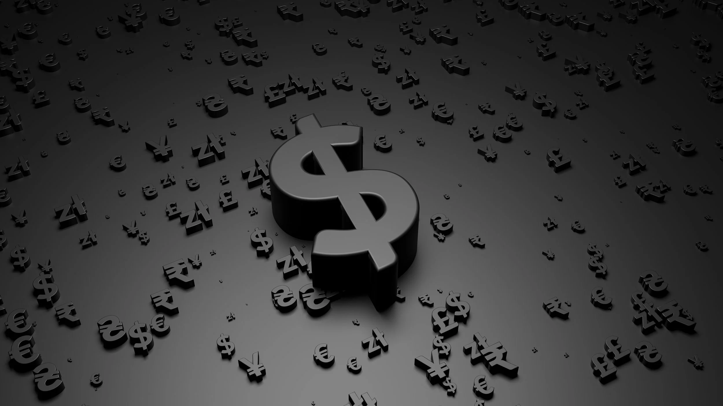 A large dollar sign symbol floating above a pattern of smaller currency symbols on a dark background.