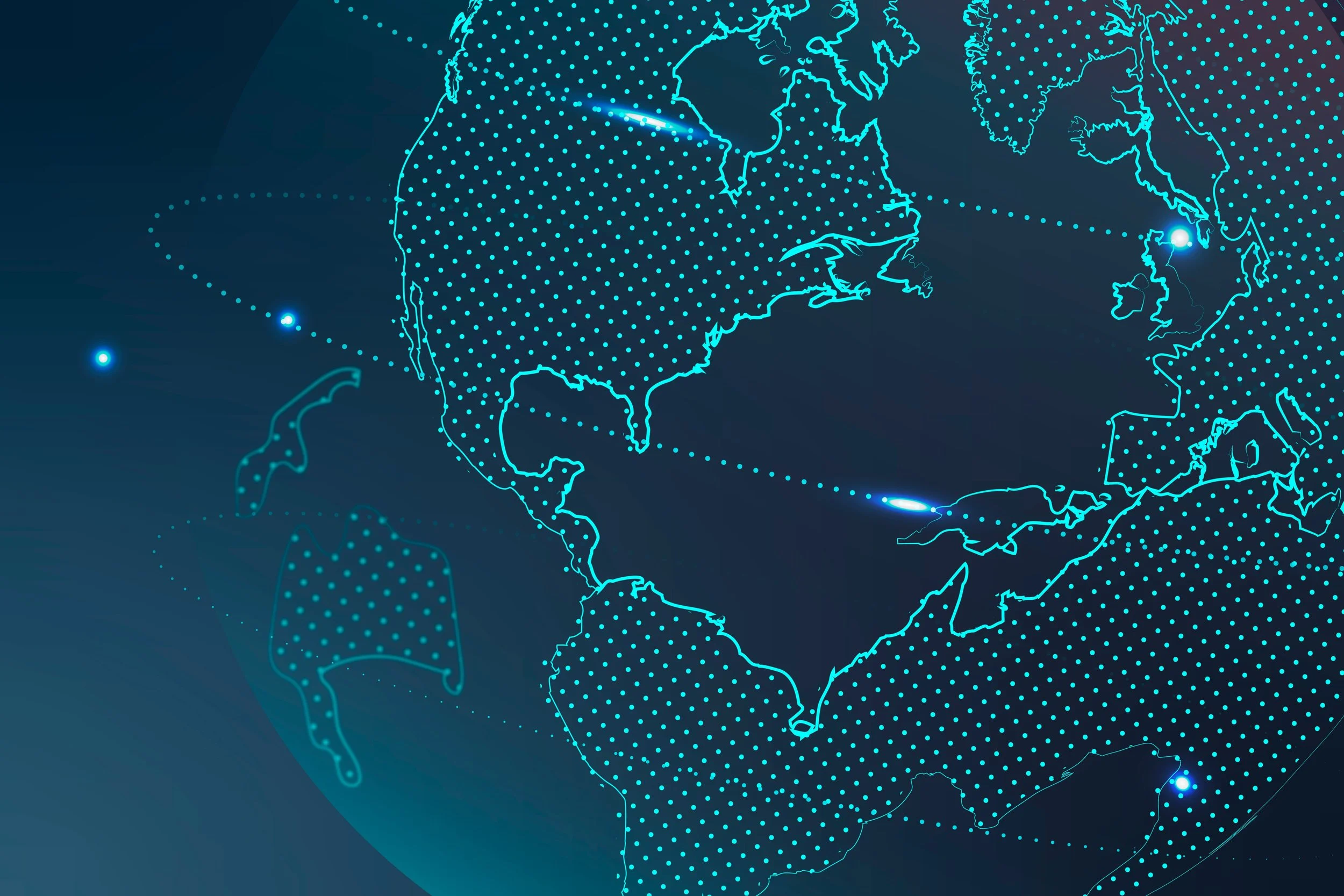 Digital map of North America with glowing blue dots and lines connecting key locations, over a dark background.