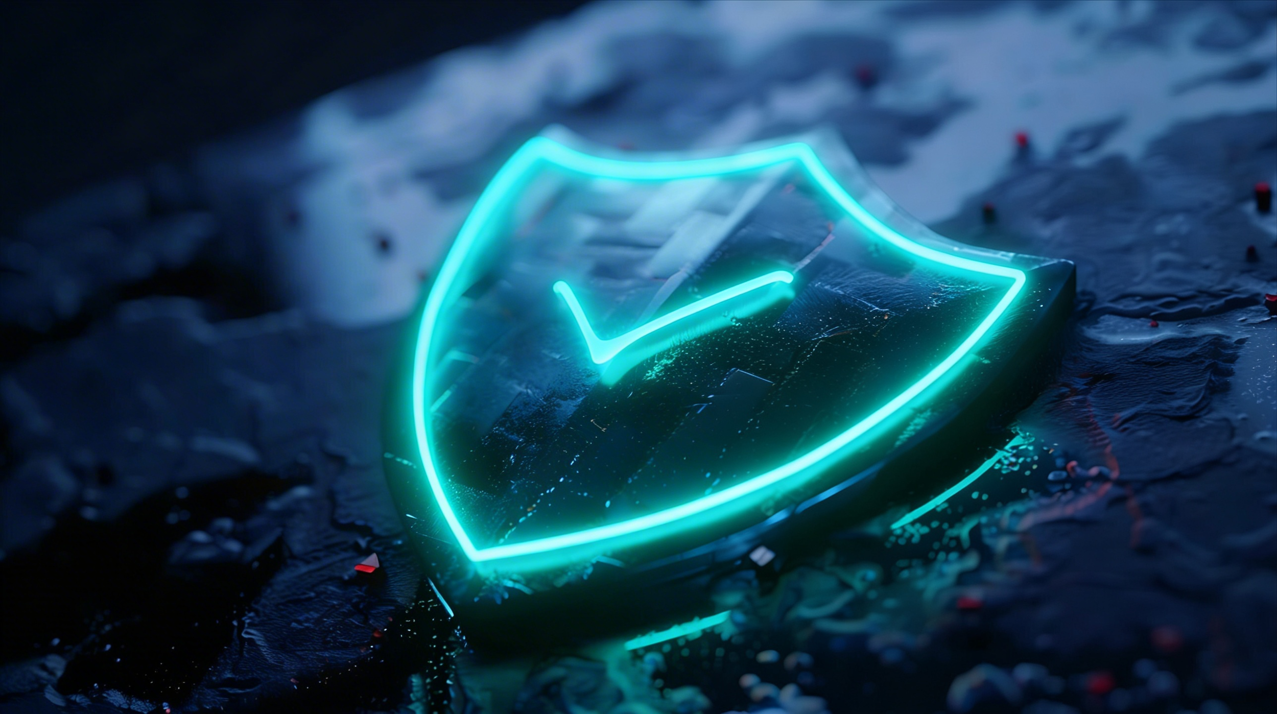 A computer chip with an illuminated shield symbol on it, surrounded by water and dark environment.