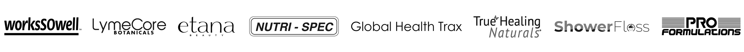 Logos of various health and beauty brands, including worksSowell, LymeCore Botanicals, etana beauty, NUTRI-SPEC, Global Health Trax, True Healing Naturals, Shower FLOSS, and PRO FORMULATIONS.
