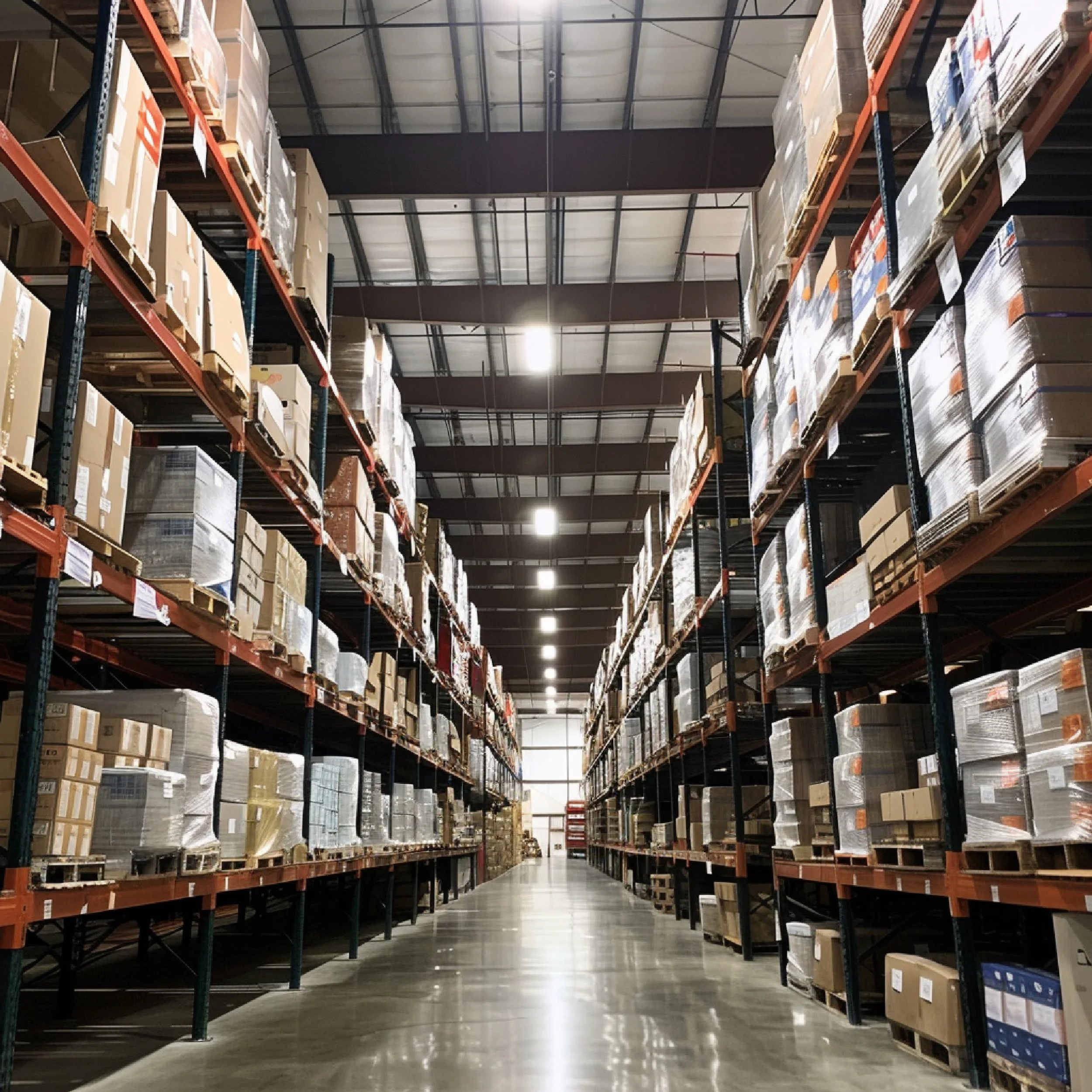 View of tall warehouse shelves stocked with cardboard boxes in an industrial warehouse aisle.