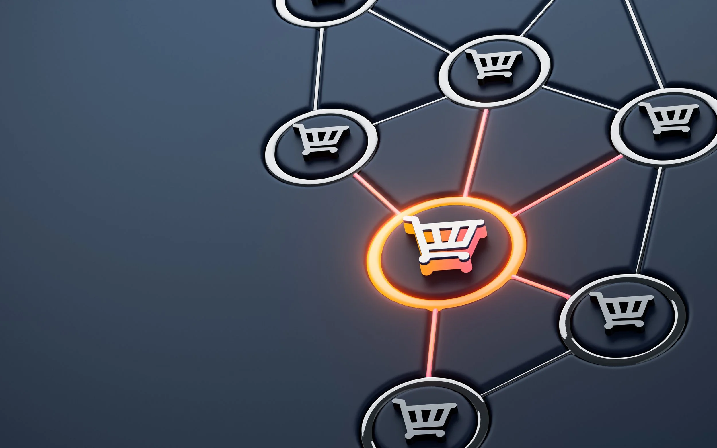 A digital illustration of a network of shopping cart icons connected by lines, with one cart icon highlighted in orange, indicating selection or importance.