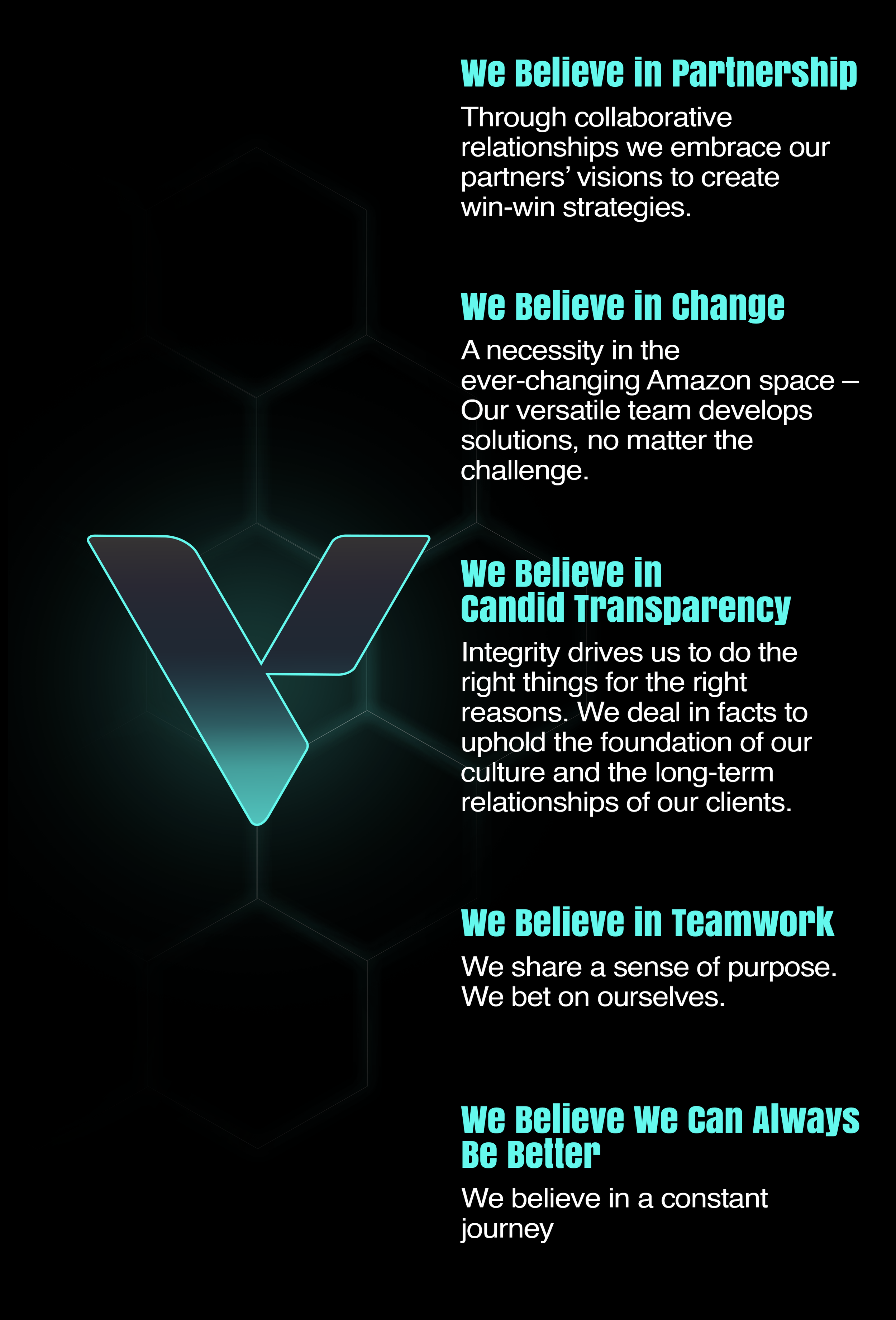 A dark background with text emphasizing values such as partnership, change, transparency, teamwork, and improvement. The text is highlighted in blue with explanations in white.