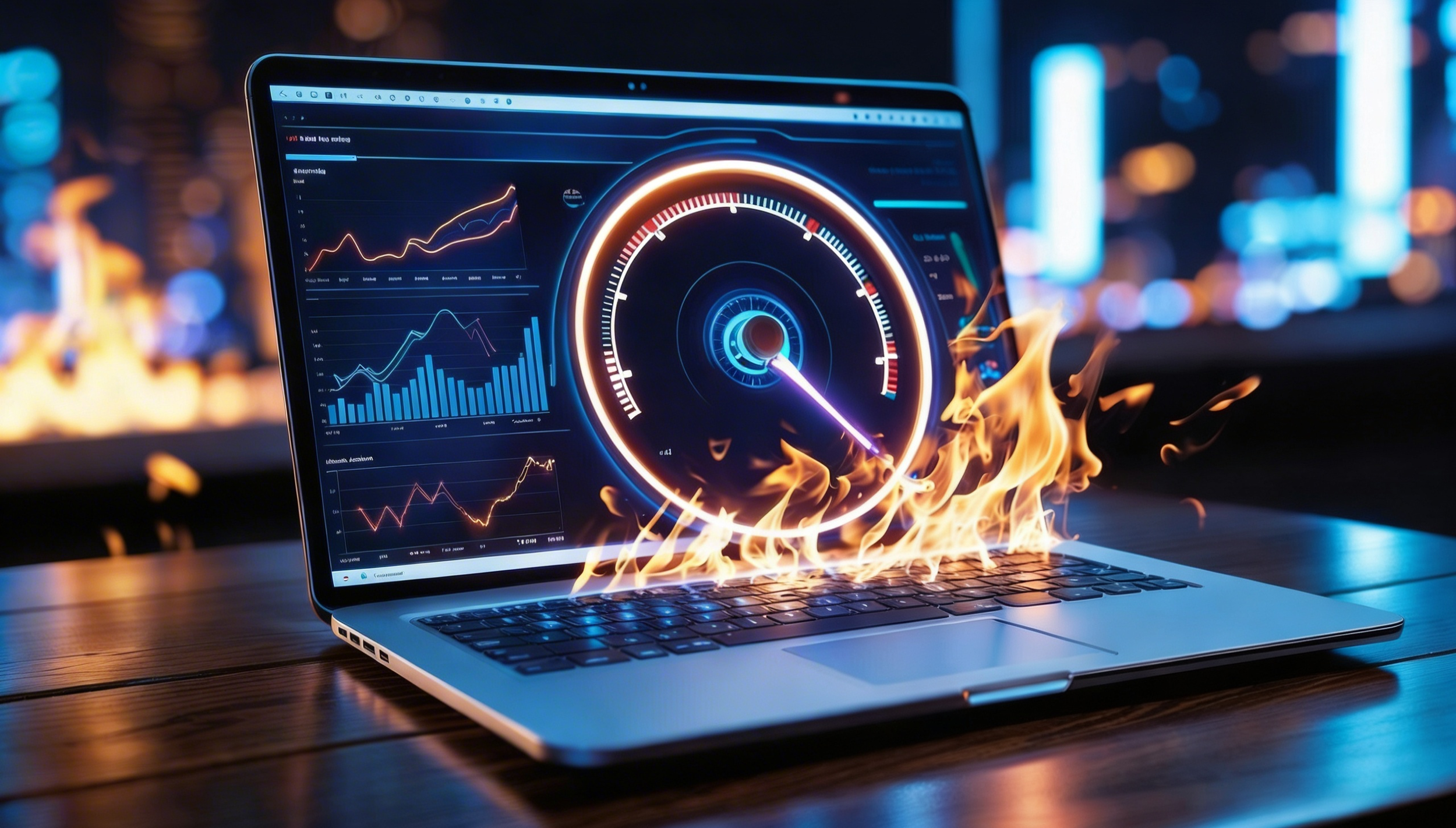 A laptop on a table displays graphs and charts on its screen, with flames emerging from the bottom, set against a dark, blurred cityscape background with colorful lights.