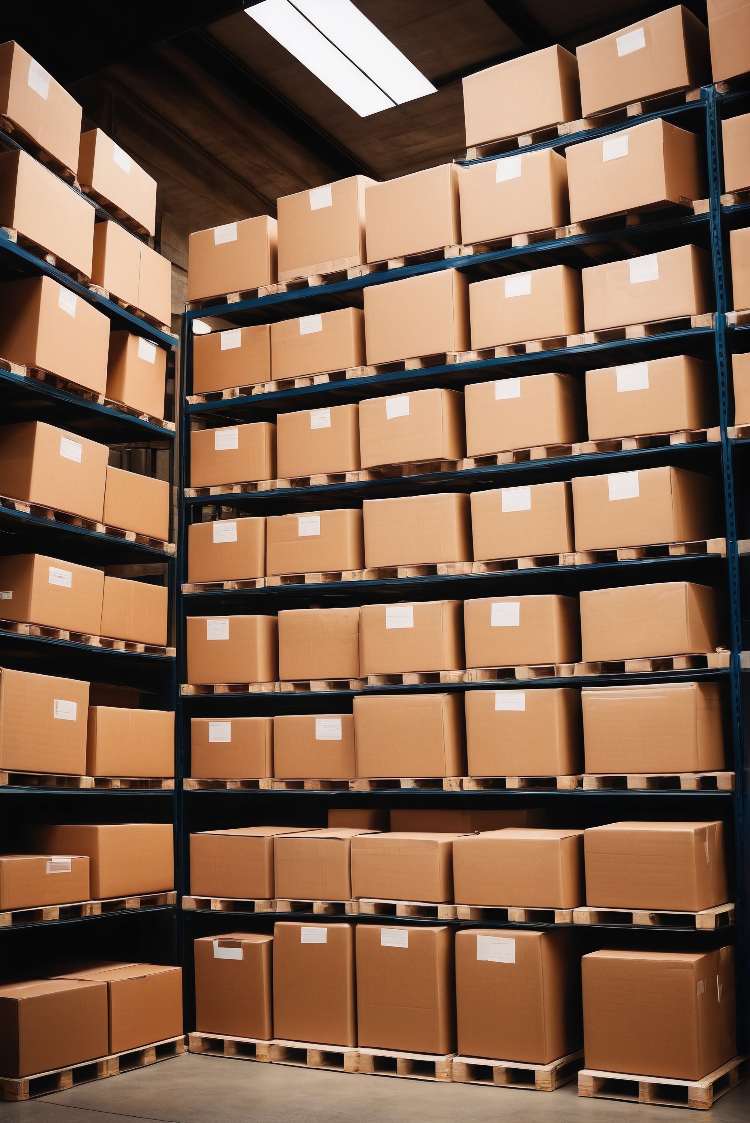 Warehouse storage area with metal shelves filled with stacked cardboard boxes on wooden pallets.