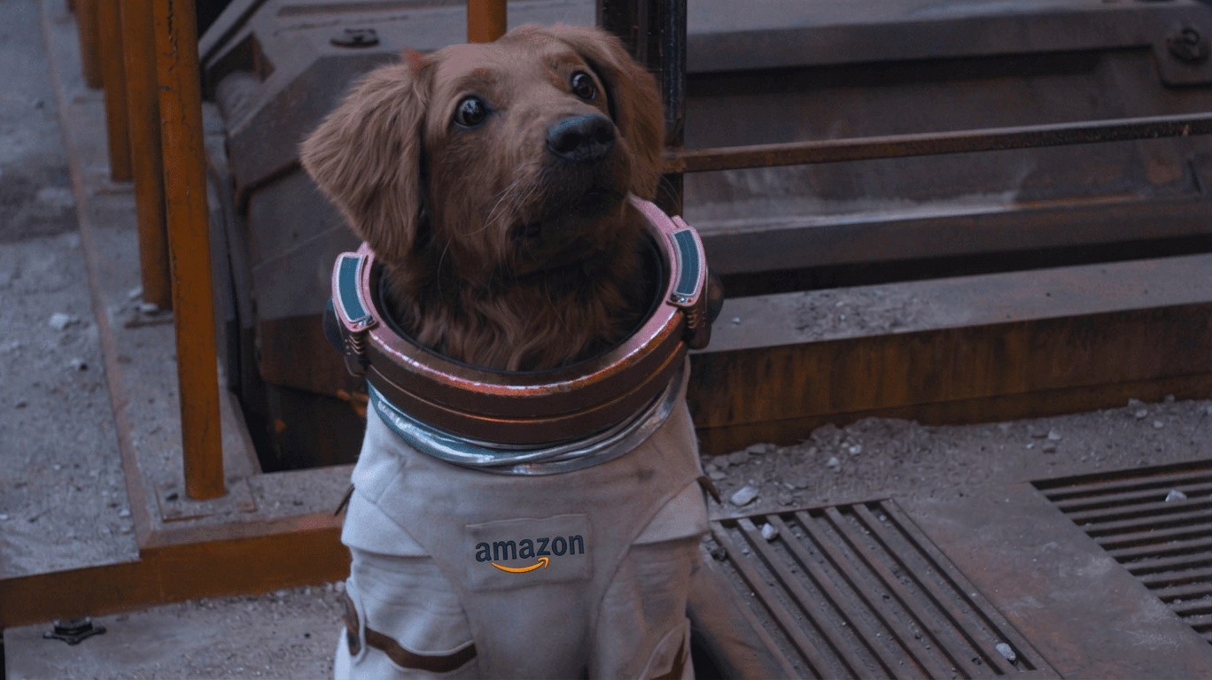 A dog in an astronaut suit with an Amazon logo, sitting on a metal, industrial-style surface.