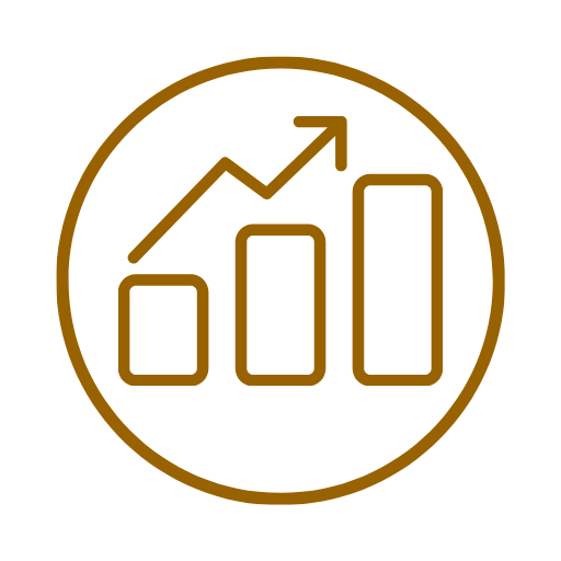 A line graph with upward trend and three bars of increasing height inside a circular border, representing growth or progress.