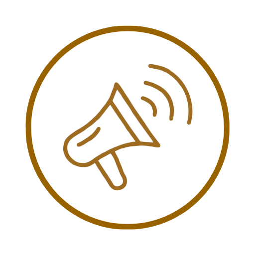 Outline of a megaphone emitting sound waves inside a circle.