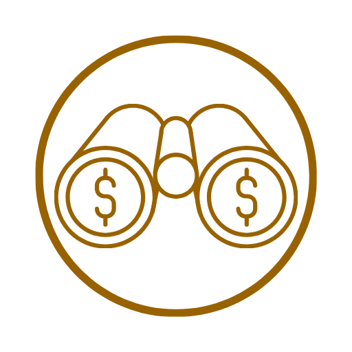 A stylized icon of binoculars with dollar signs on the lenses, enclosed in a circle.
