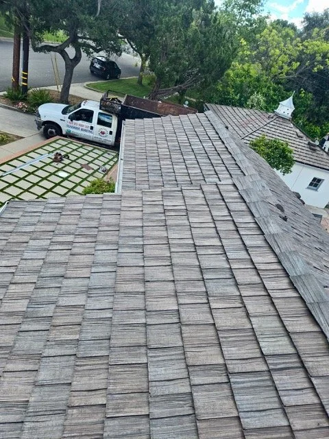 Detailed overhead view of gray asphalt roof shingles showing dimensional tab pattern and texture