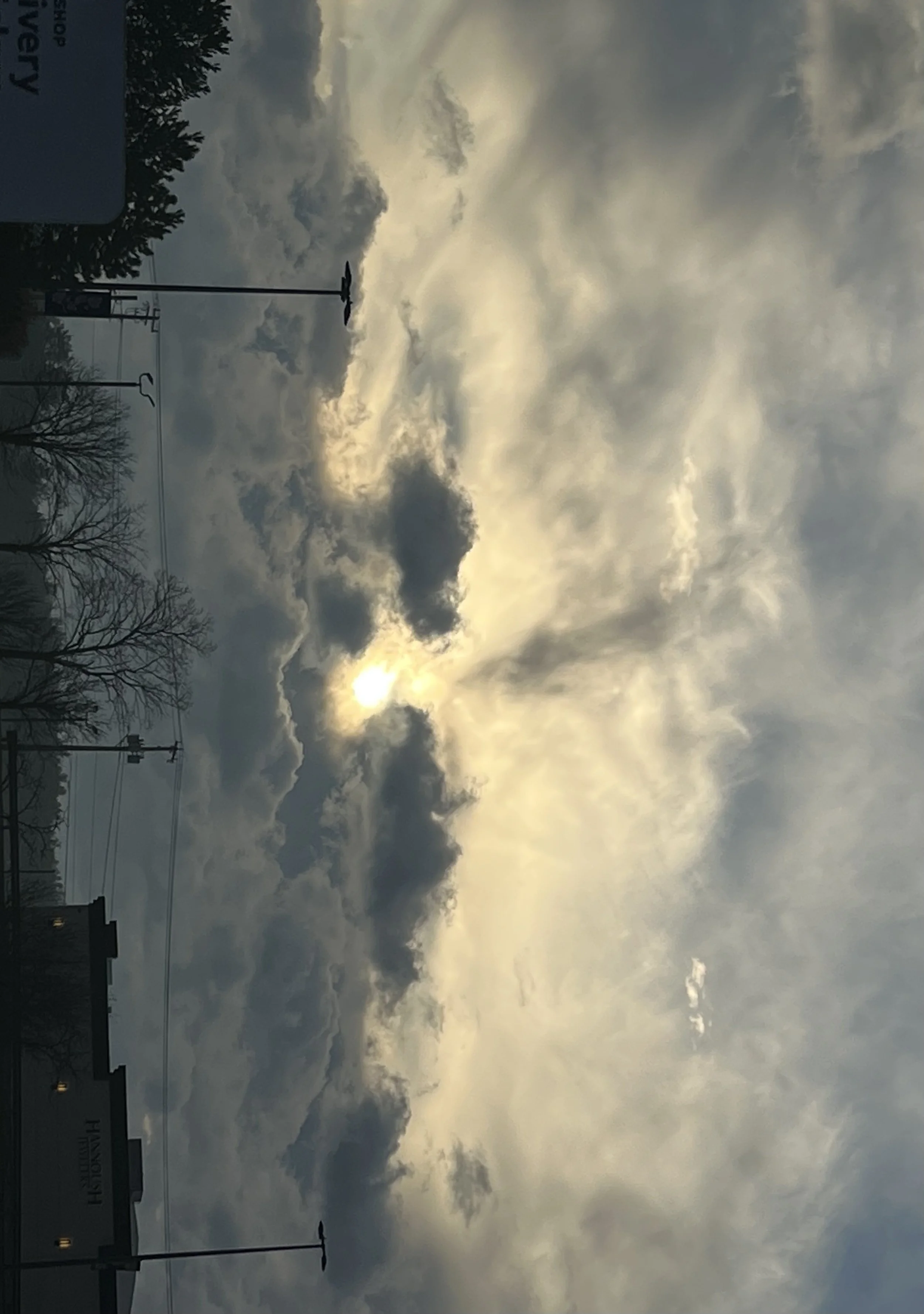 Overcast sky with the sun partially obscured by clouds, trees and streetlights visible in the foreground.