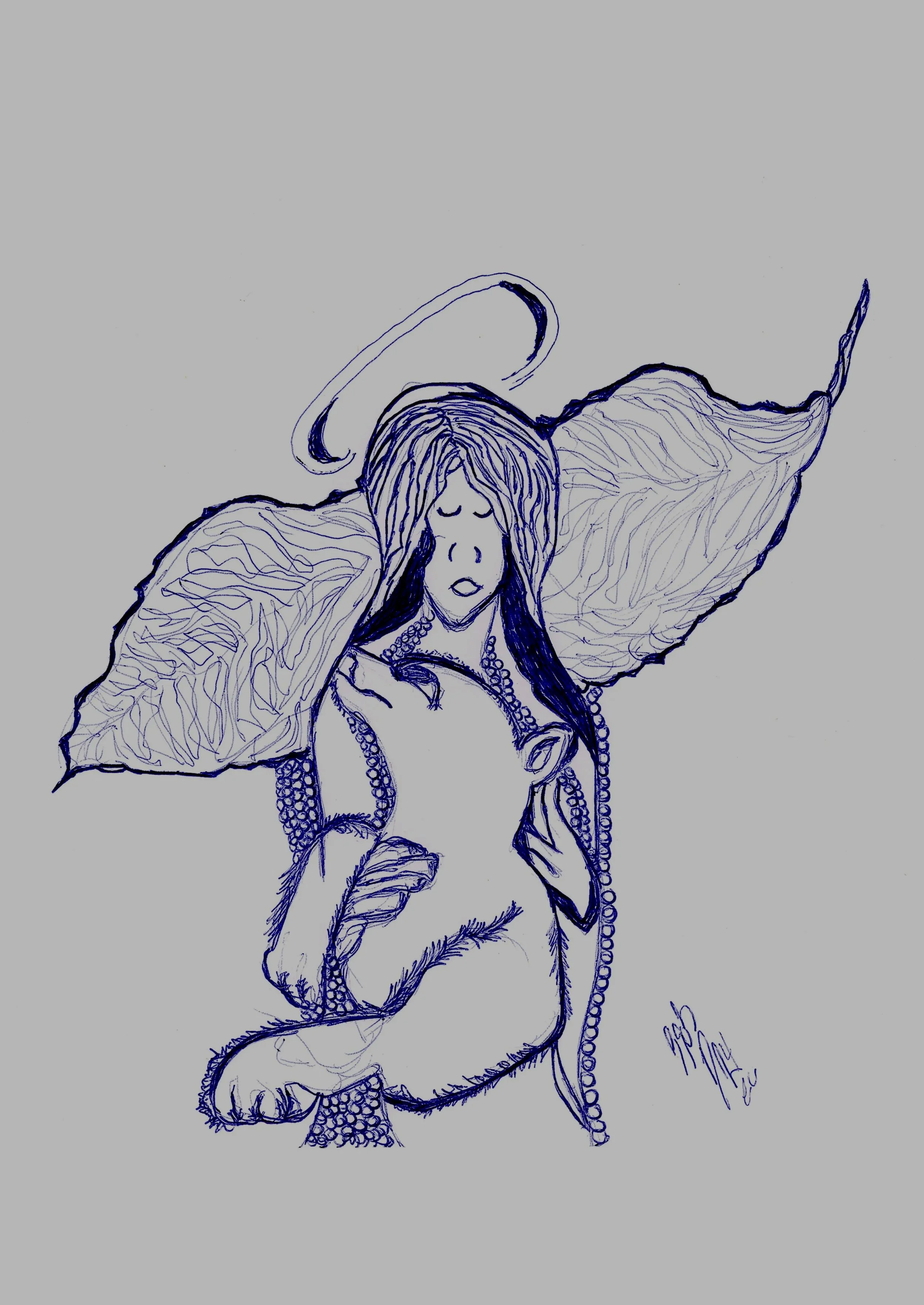 Sketch of a woman with large wings, holding a flowing cloth, with a halo above her head, on a gray background.