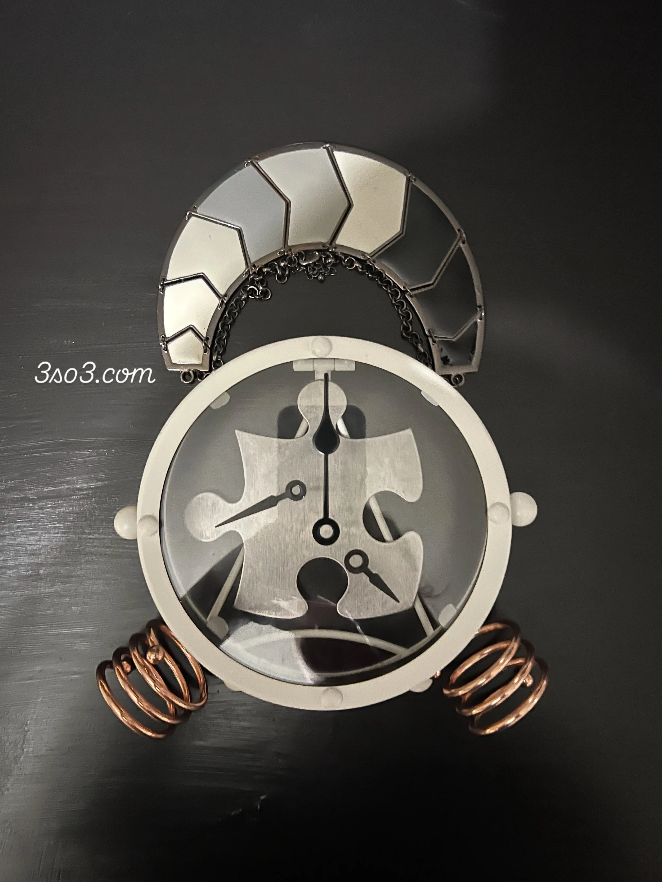 A steampunk-inspired clock with metal gears, copper coils, and glass panels, set against a dark background.