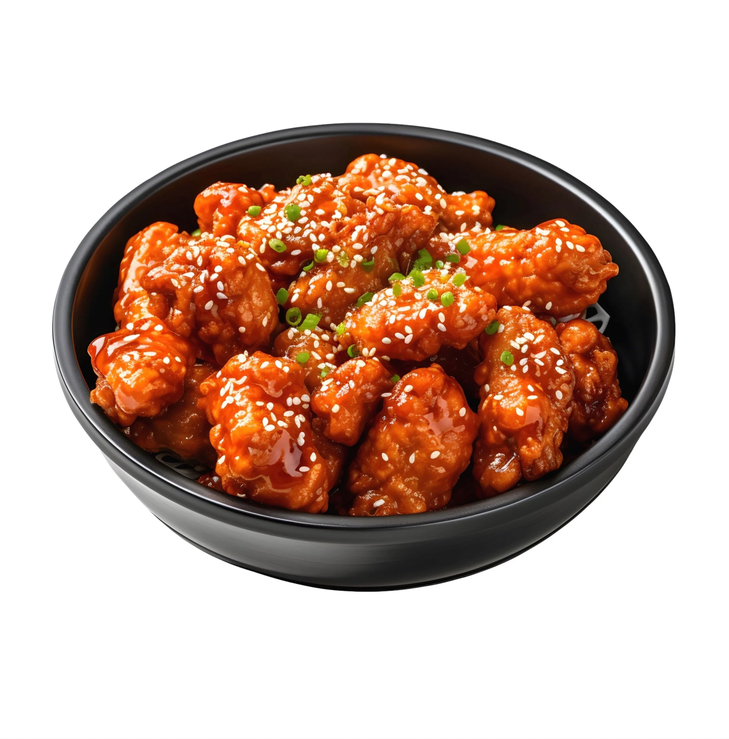 A black bowl filled with sweet and spicy Korean fried chicken coated in red sauce, garnished with white sesame seeds and chopped green onions.