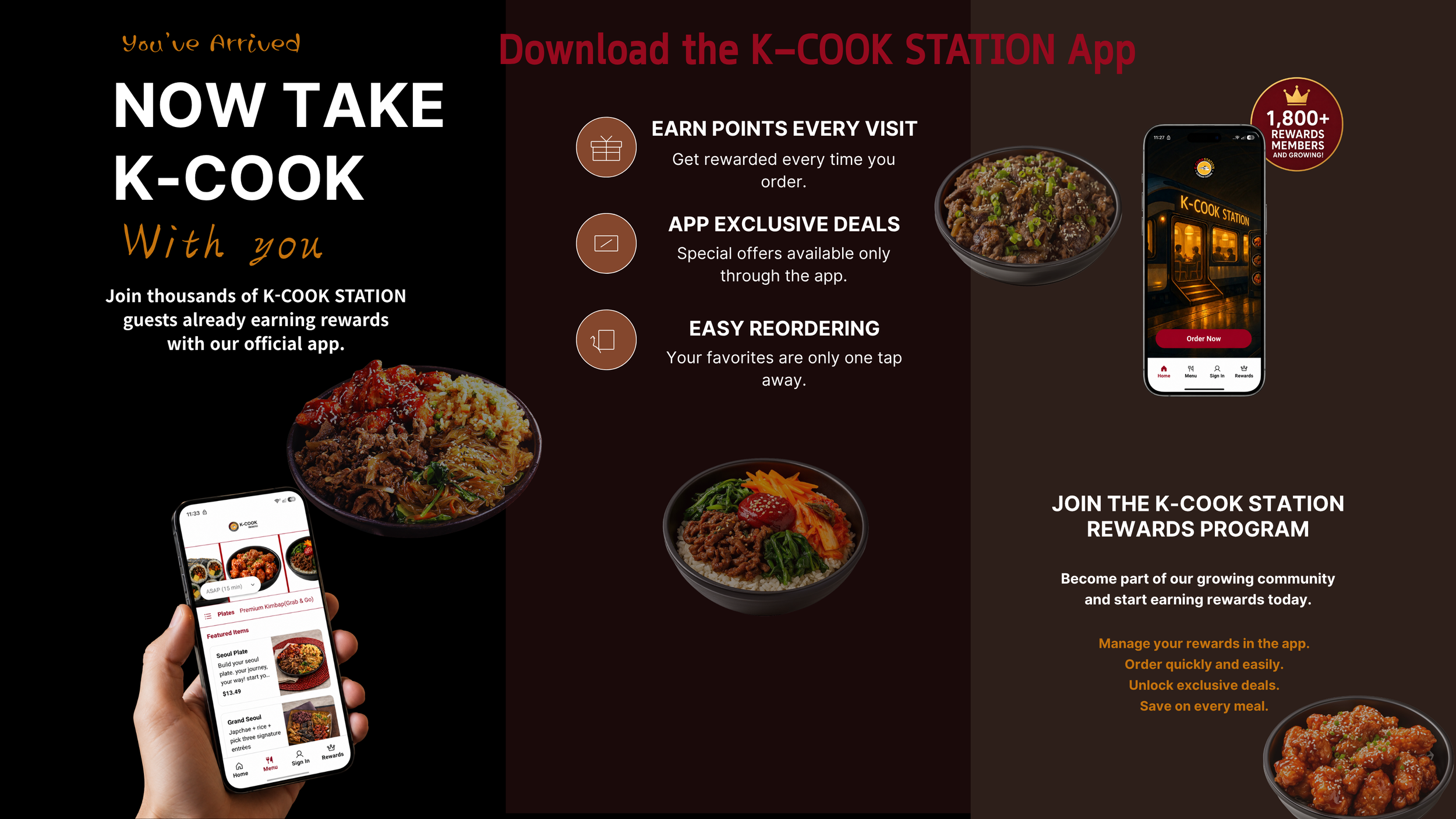 A promotional graphic for K-Cook Station featuring food images, a smartphone app interface, and text explaining rewards, app features, and ordering process.