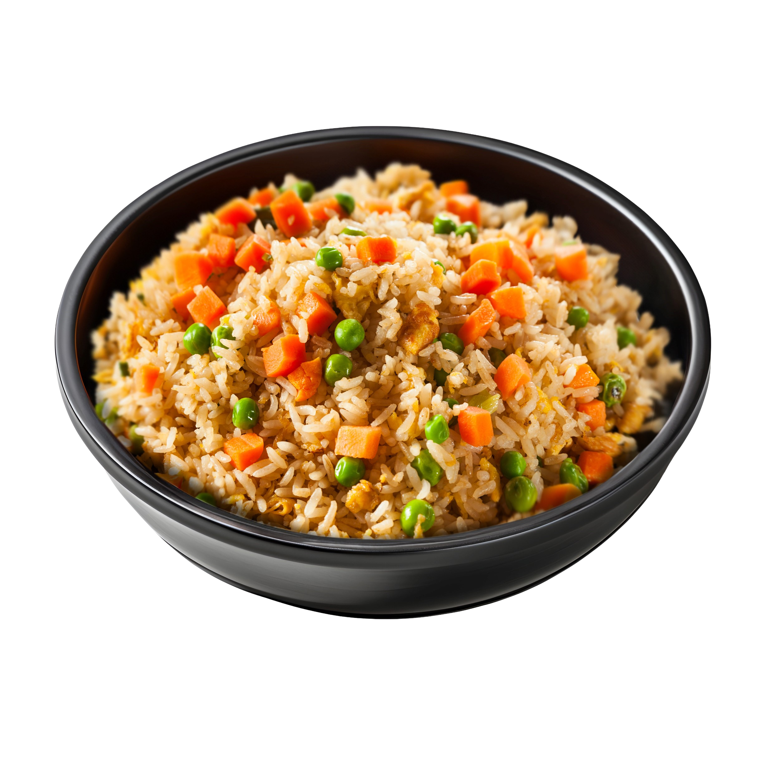 A black bowl filled with cooked rice mixed with chopped carrots and green peas.