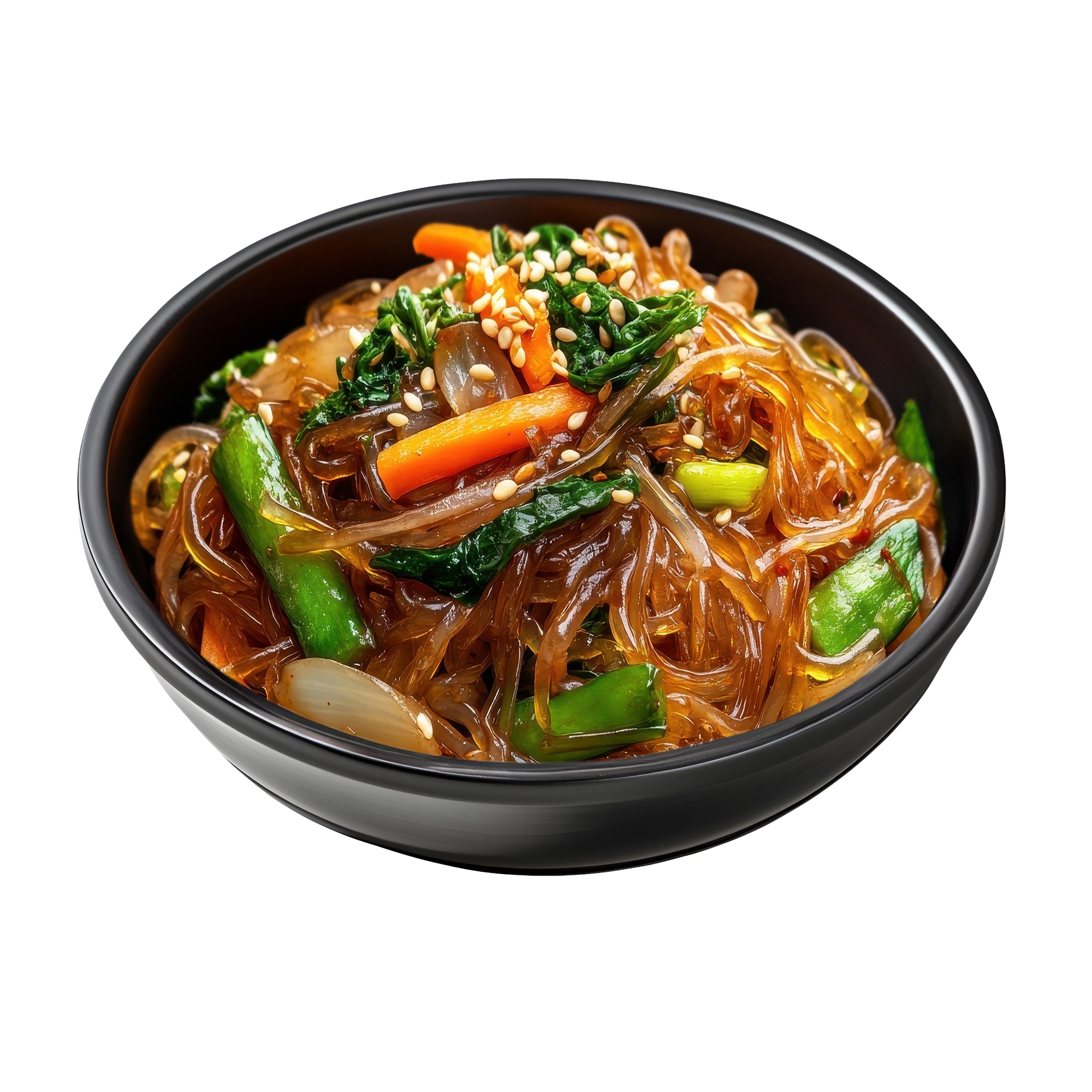 Close-up of a bowl of Asian-style noodles stir-fried with vegetables and topped with sesame seeds.