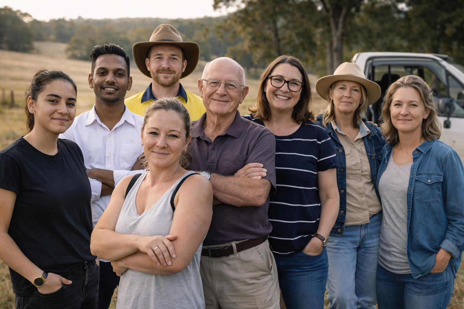 Group of nine diverse people standing outdoors in a field with trees and a vehicle in the background, smiling at the camera.