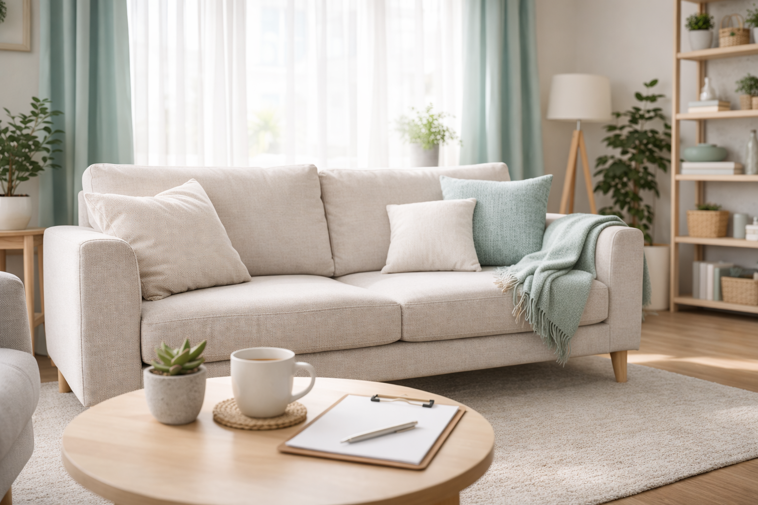Cozy living room with a beige sofa, pastel pillows, a light blue throw blanket, wooden furniture, potted plants, and large windows bringing in natural light.