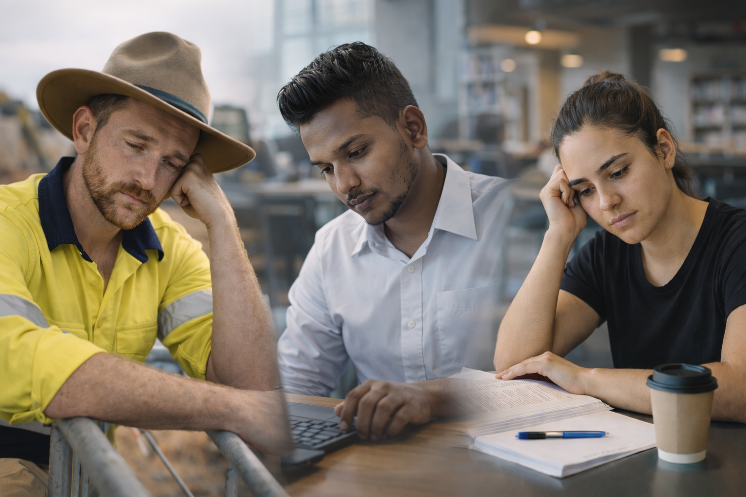 Three people sitting at a table in a library or bookstore, looking at a laptop screen with serious expressions.