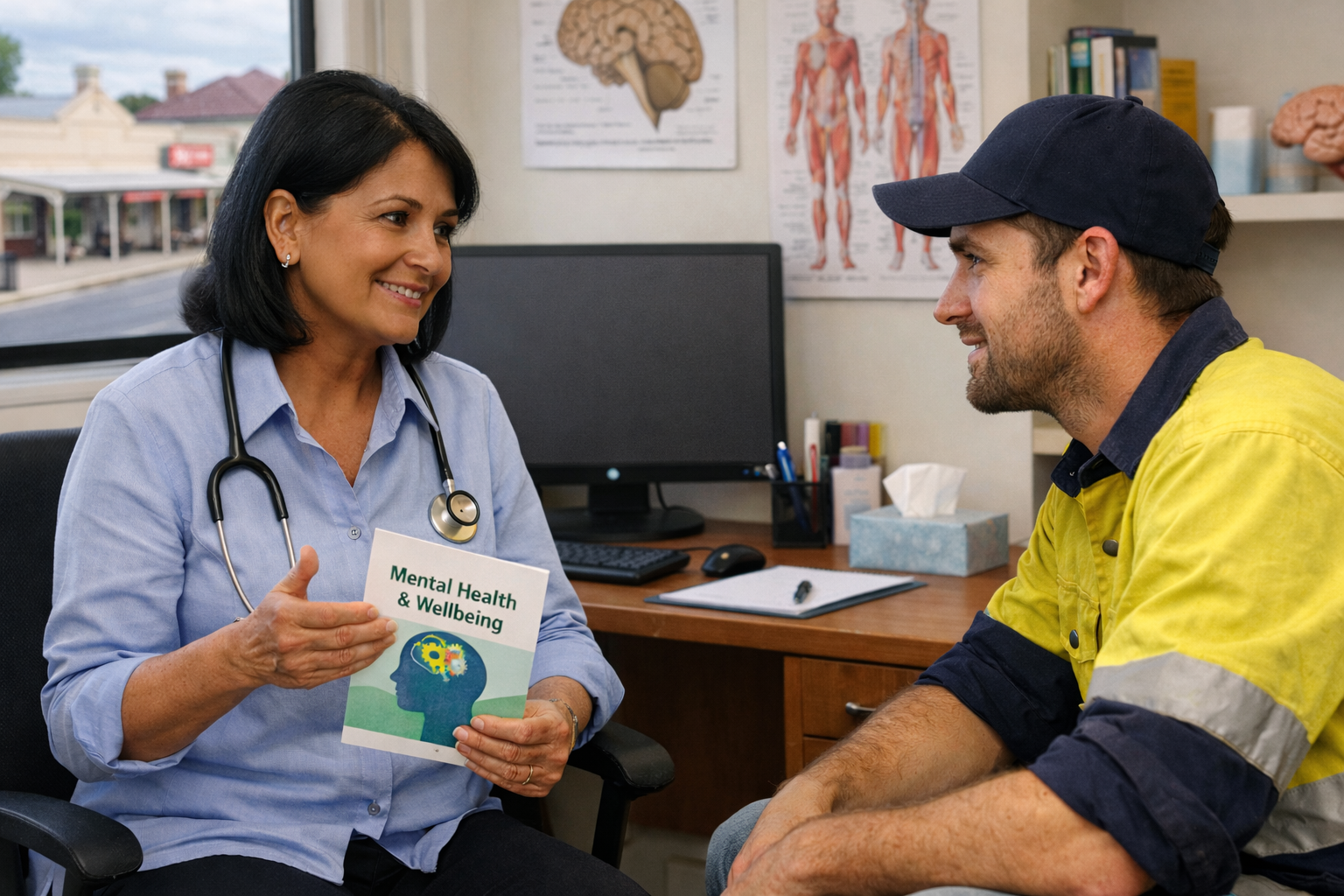 A healthcare professional speaking with a man in an office, holding a booklet titled 'Mental Health & Wellbeing' with a graphic of a human head and gears inside.