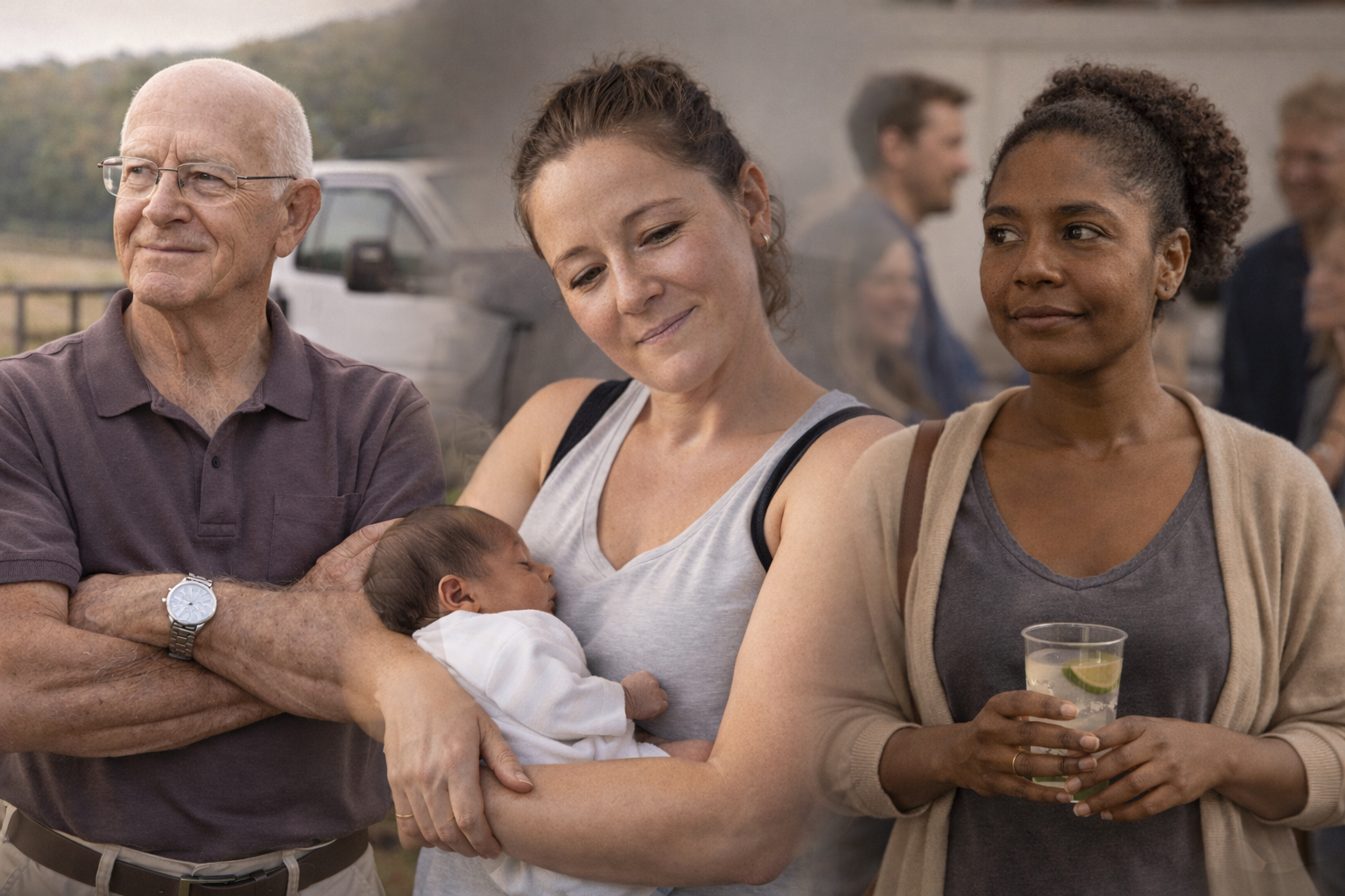 A group of diverse people gathered outdoors, with a woman holding a sleeping baby, an older man with his arms crossed, and another woman holding a glass of lemonade with lime. In the background, there are farm fields and a group of people socializing.