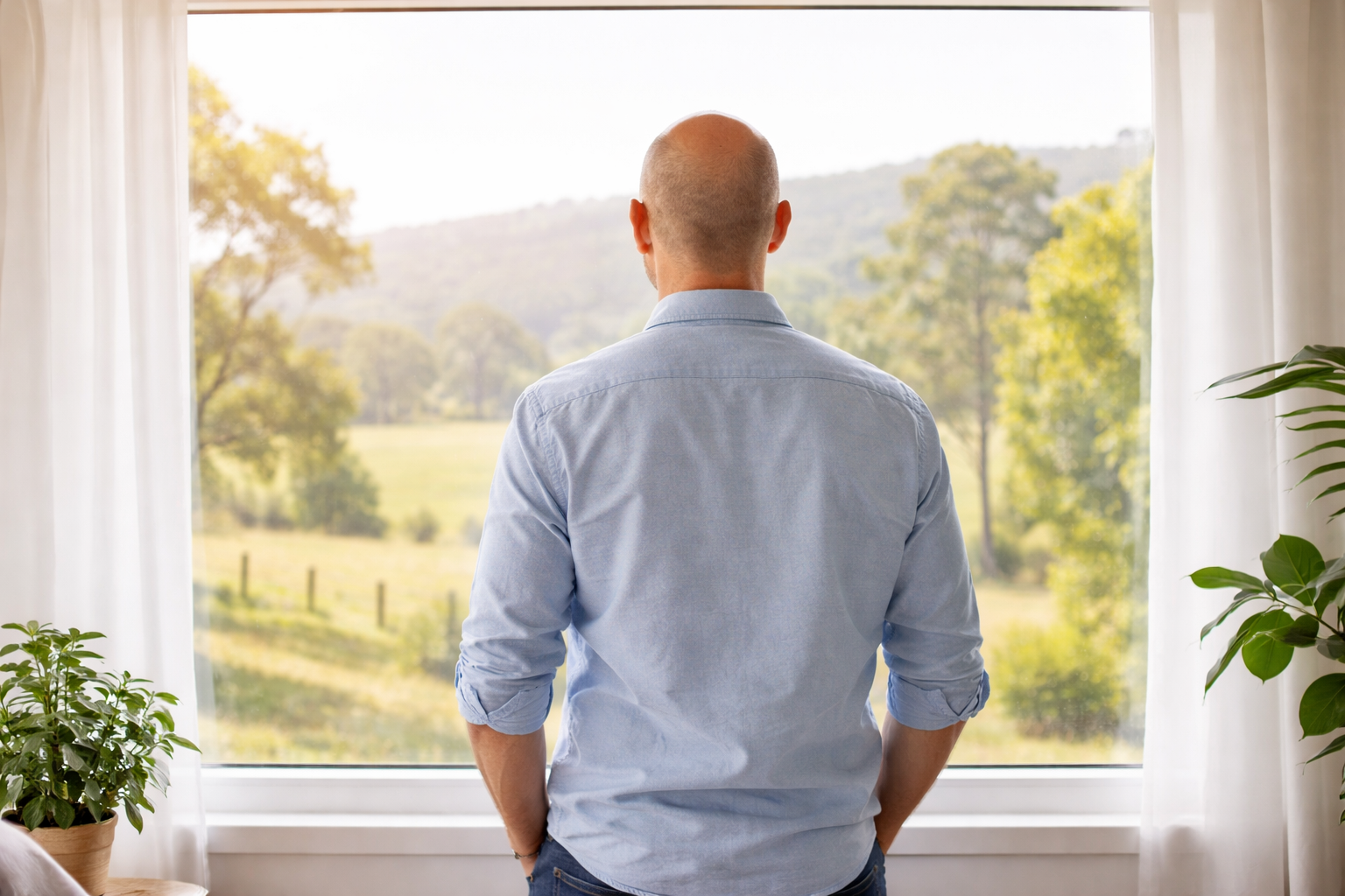 A man standing inside a house, looking out of a large window at a green, hilly landscape with trees and open fields.