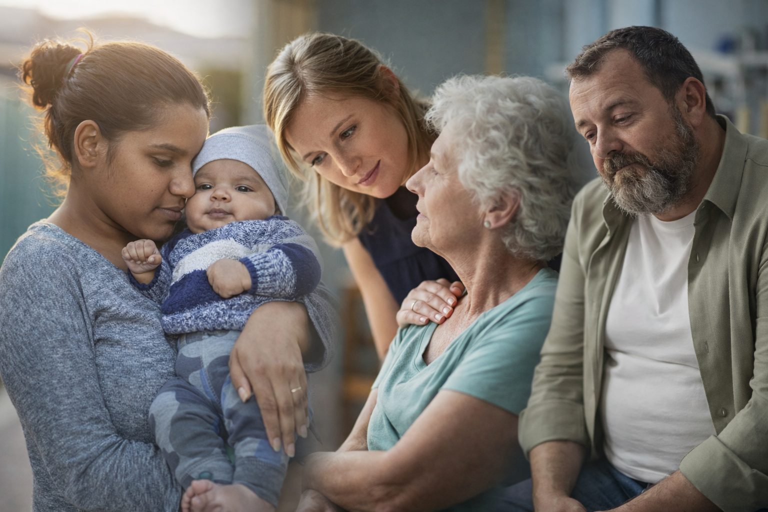 Family gathering with a young woman holding a baby, elderly woman, and two adults watching and showing affection