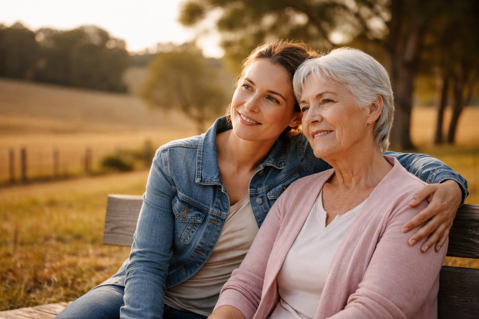 Young woman and elderly woman sitting close on a park bench during sunset, smiling and enjoying each other's company.