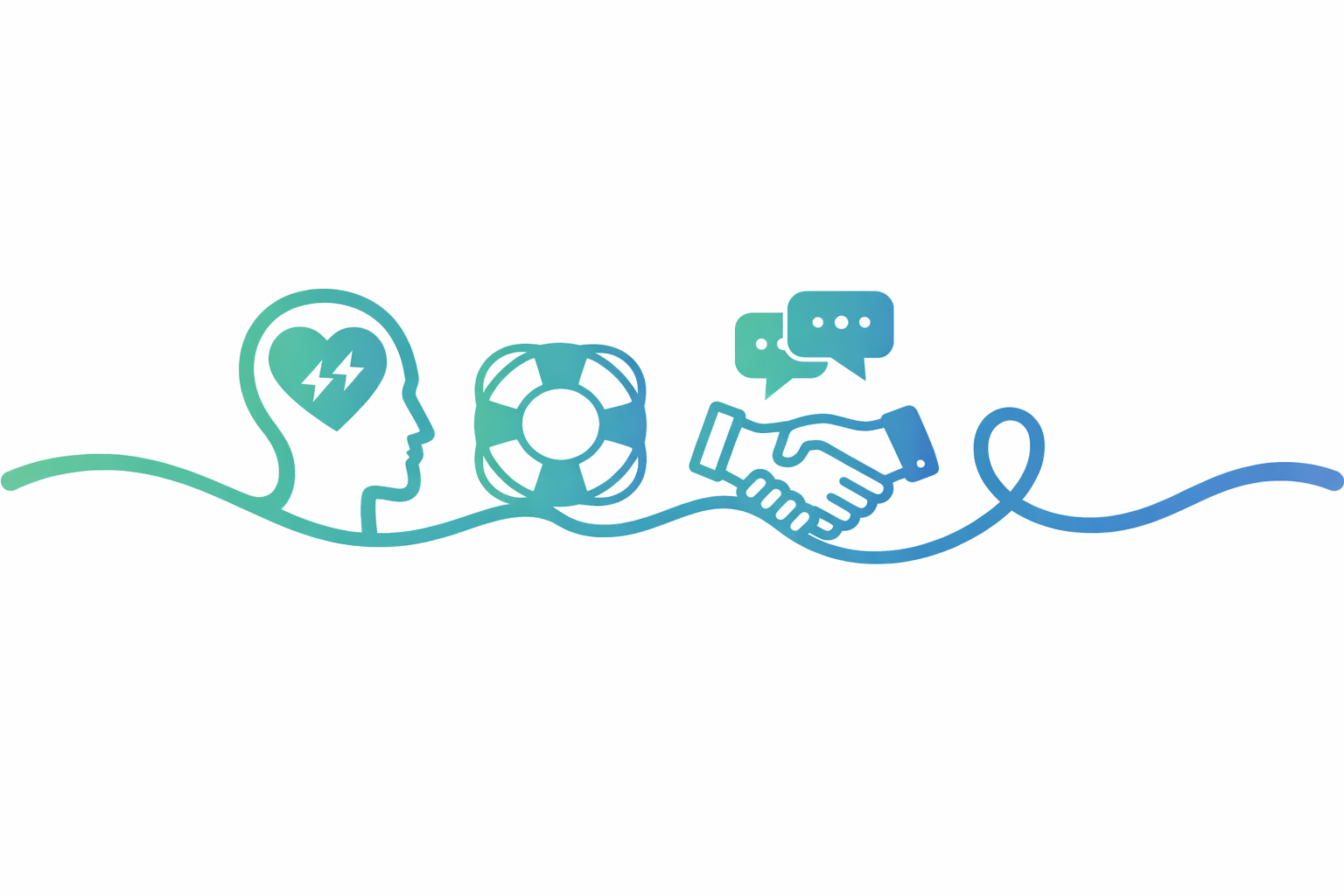 Line drawing of a person with a heart inside their head, a life preserver, a handshake, and speech bubbles, symbolizing mental health, support, communication, and collaboration.