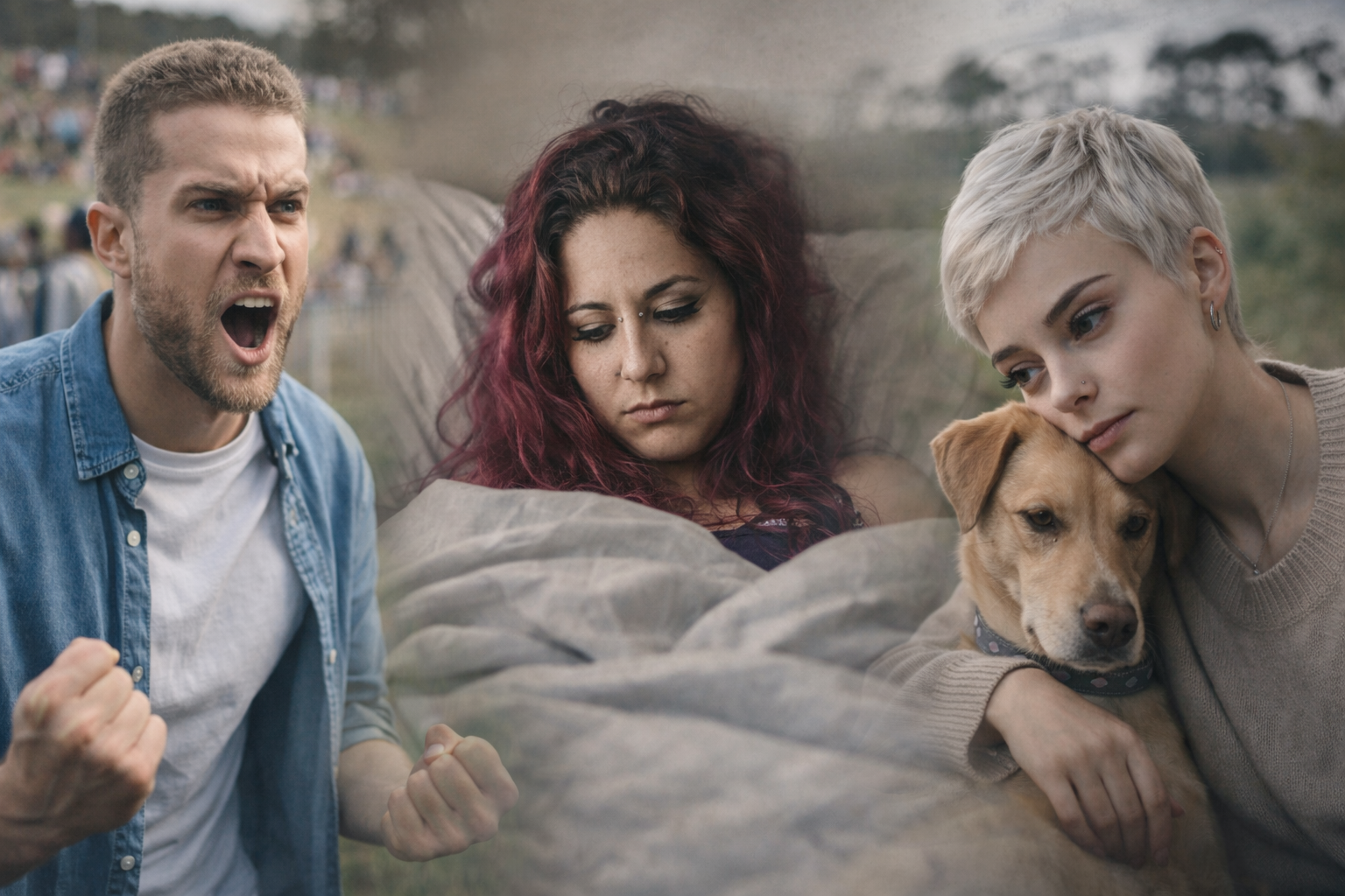 A woman lying in a hospital bed with a neutral expression, flanked by a man shouting and a woman holding a dog with a somber expression.