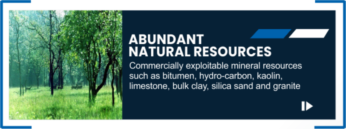 A promotional graphic highlighting abundant natural resources, featuring a green forest and text about commercially exploitable mineral resources like bitumen, hydro-carbon, kaolin, limestone, bulk clay, silica sand, and granite.