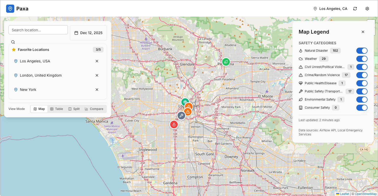 A map of Los Angeles, California, with various safety and emergency icons indicating locations of different safety-related incidents and sites. The map includes a legend for safety categories such as natural disaster, weather, civil unrest, crime, public health, and environmental safety.