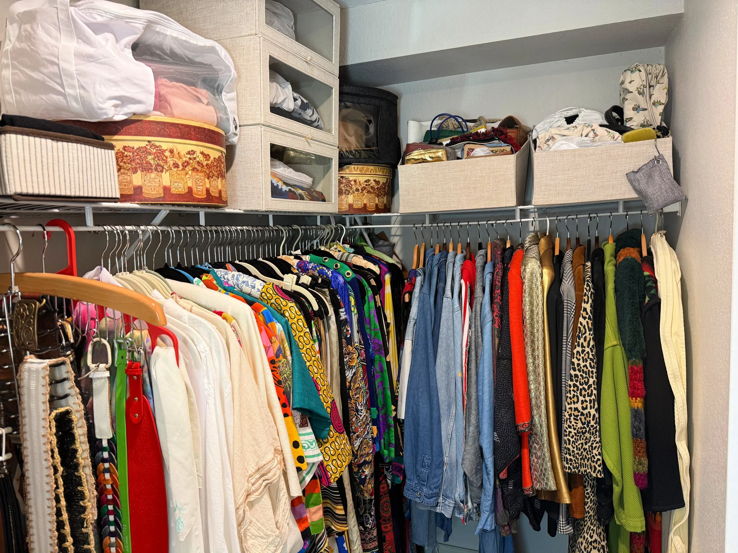 Clothing closet with hanging shirts, jackets, and sweaters, and storage boxes on a shelf.