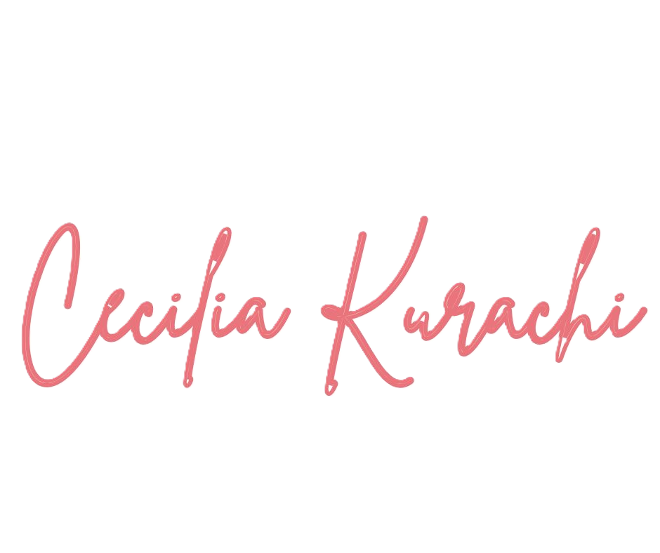 A digital image featuring the actress 'Cecilia Kurachi' written in pink cursive font overlayed on a colorful geometric background with various shapes and colors.