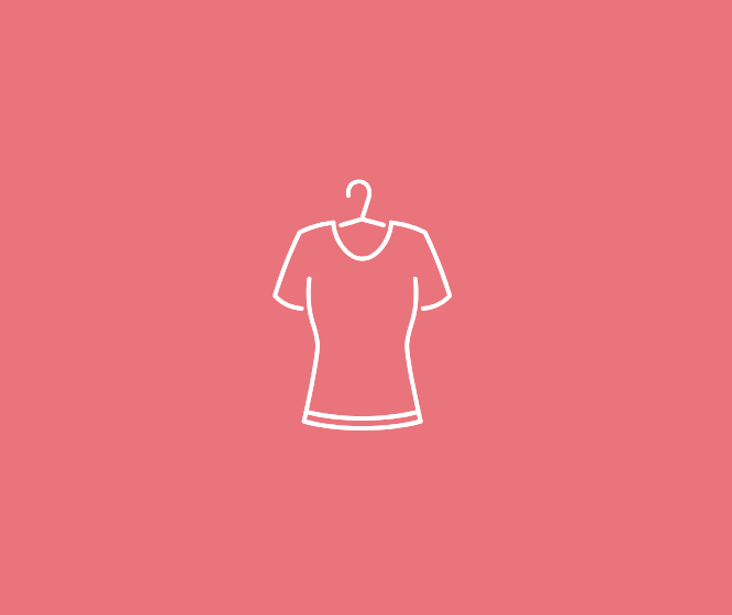 Outline of a petite outfit hanging on a hanger on a pink background.