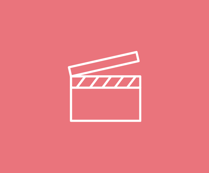 White film clapperboard icon on a pink background.