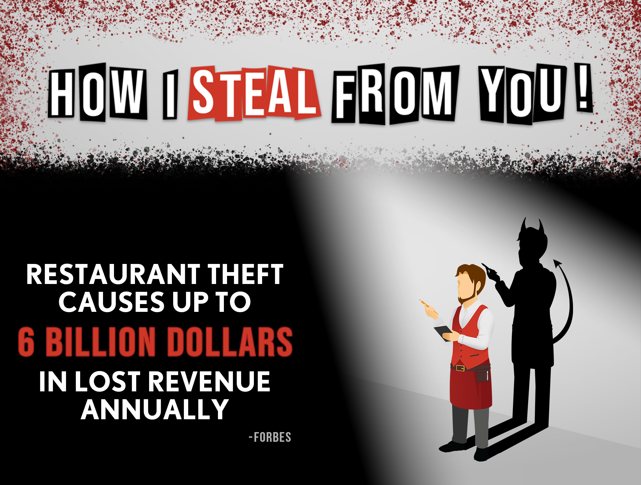 A graphic showing the phrase 'How I steal from you!' with words 'steal' highlighted in red. The lower part of the image features the text 'Restaurant theft causes up to 6 billion dollars in lost revenue annually,' with '6 billion dollars' in bold red. An illustration depicts a person in a waitress uniform standing next to a silhouette of a devil with horns and a pointed tail, holding a pitchfork.