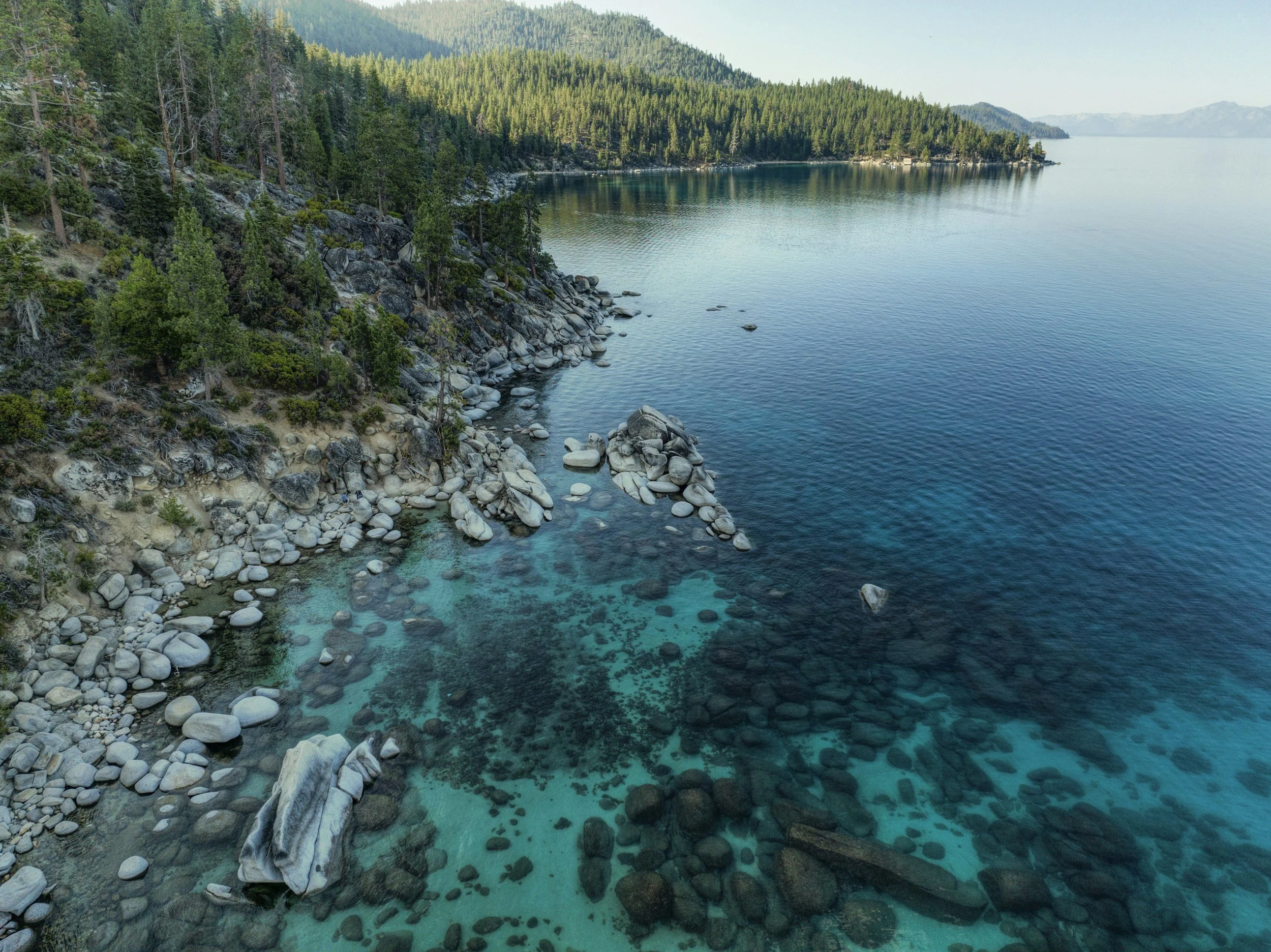 Aerial view of a rocky lakeshore with clear blue water, dense green forest on a hillside, and distant mountains in the background.