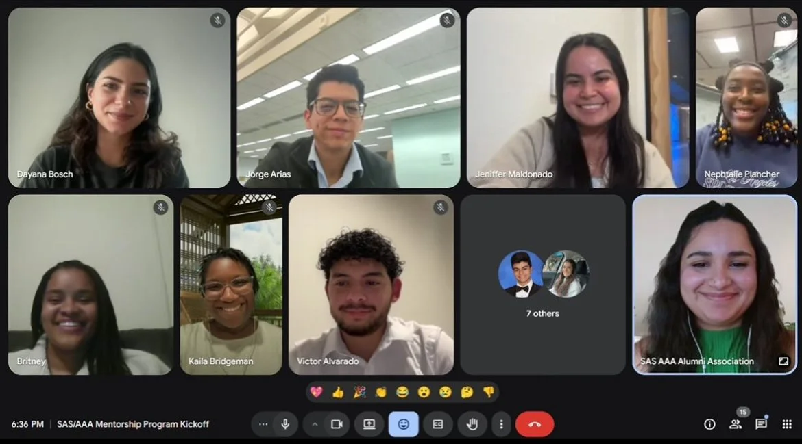 Screenshot of a virtual meeting with ten participants, including diverse young adults and teenagers, some smiling and some with neutral expressions, in a professional online setting, with participants' names displayed and a caption "SAS/AAA Mentorship Program Kickoff" at the bottom.