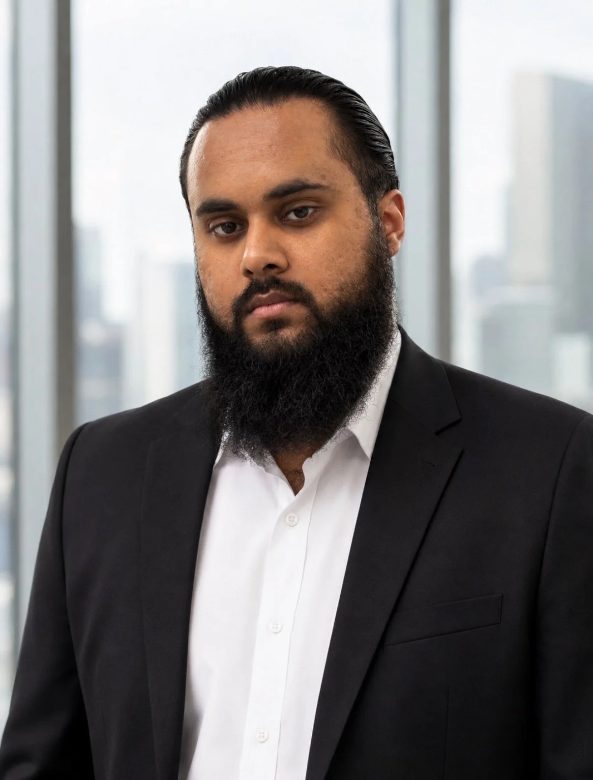 A professional man with dark hair and beard, wearing a gray suit, white shirt, and dark tie, against a dark textured background.