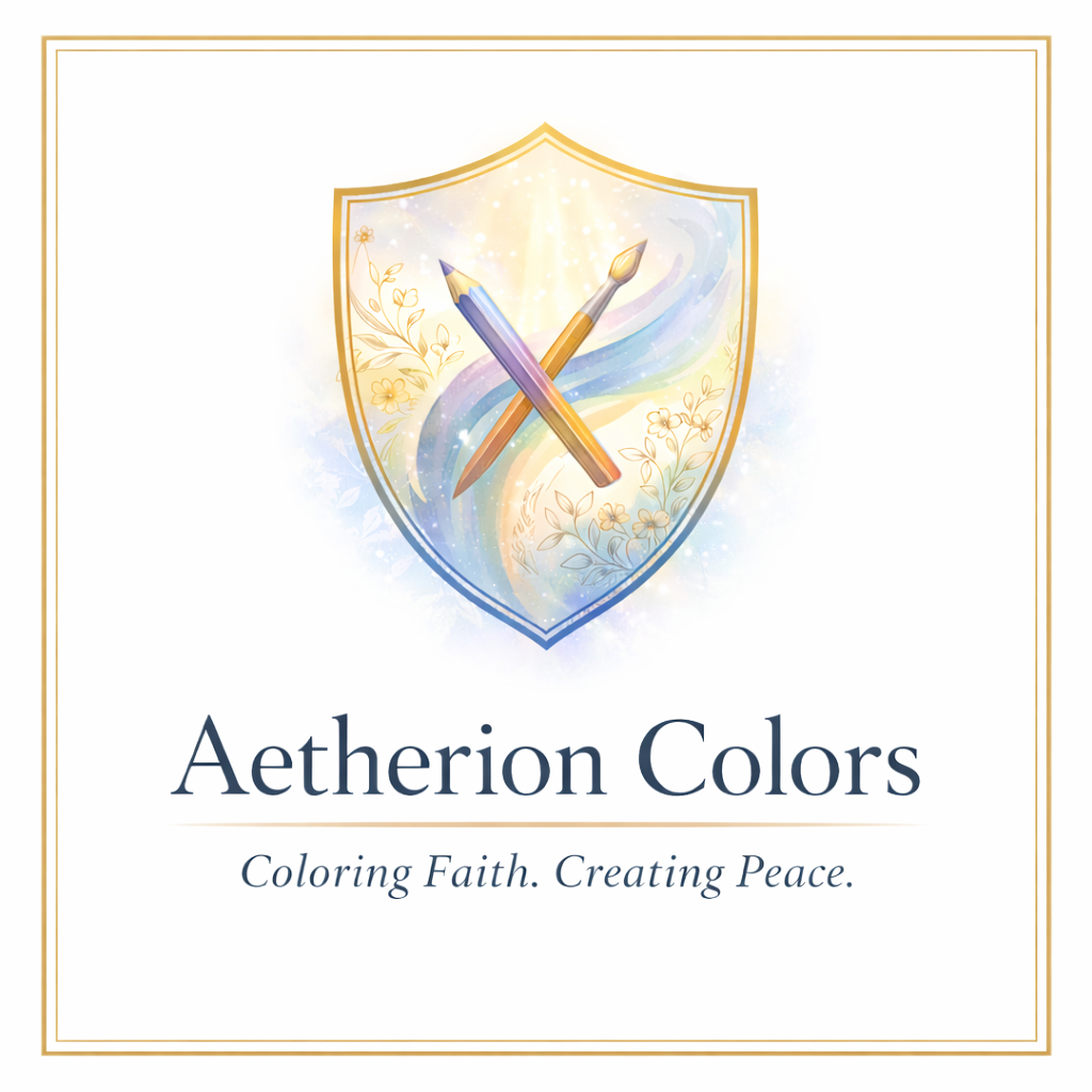A logo with a shield containing two paint brushes crossed, surrounded by a rainbow swirl and floral illustrations. Below, the text reads "Aetherion Colors" with the tagline "Coloring Faith. Creating Peace."