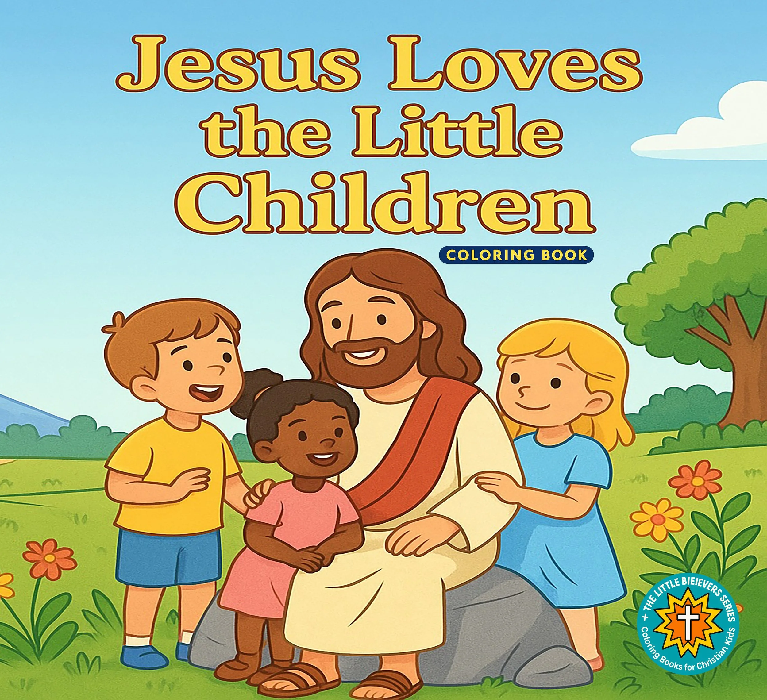 Jesus Loves the Little Children Christian coloring book cover featuring Jesus with smiling children