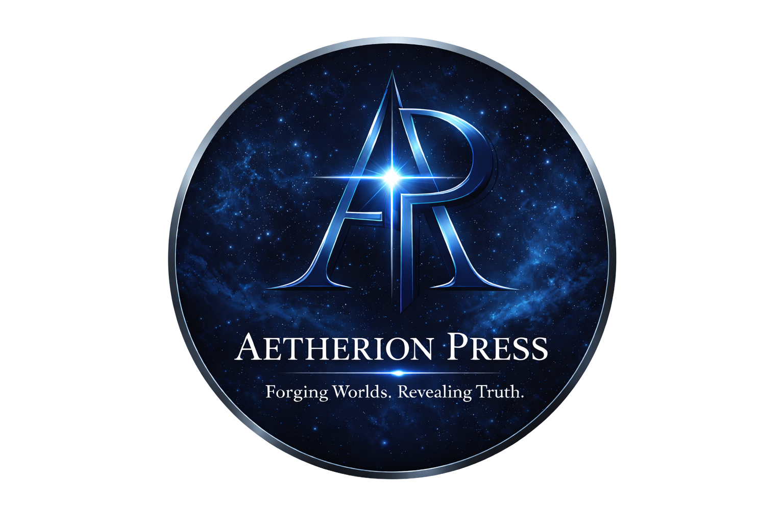A circular logo for Aetherion Press featuring a stylized letter 'A' and 'P' against a cosmic starry background with the tagline 'Forging Worlds. Revealing Truth.'